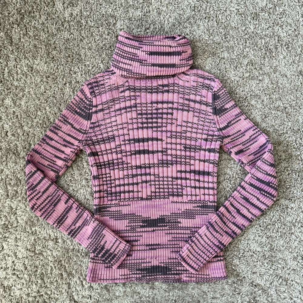 Y2K Gap Pink & Grey Fitted Striped Turtleneck Sweater - Size Small
